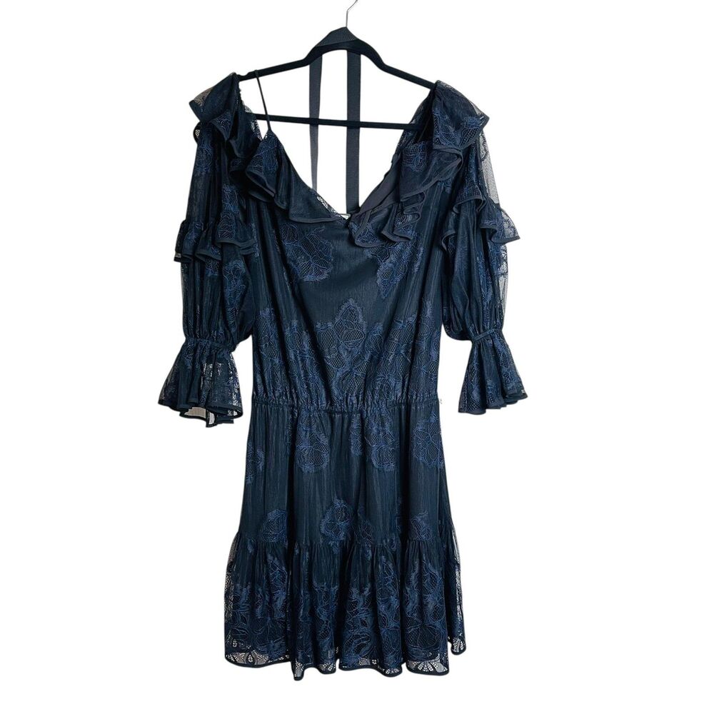Alexis Dress Womens Medium Navy Blue Lace Ruffle Sheer Mesh Belted Party Floral